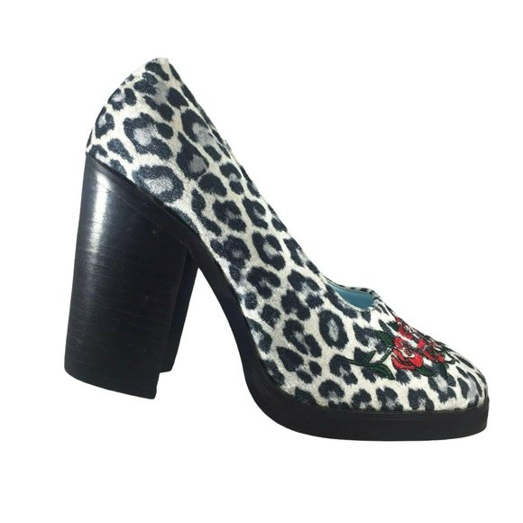 Rampage Asha Platform Block Heels Womens 7 M Gray Leopard Print Embroidered Rose - Picture 10 of 12